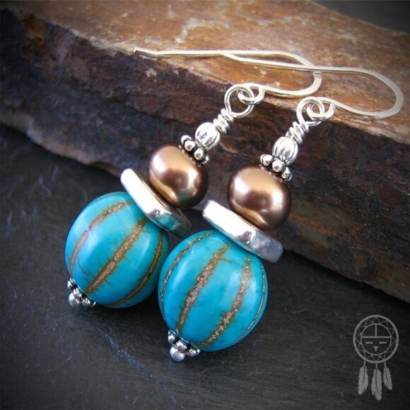 Southwestern Earrings Turquoise Stone Sterling Silver Hooks - Picture 1 of 8